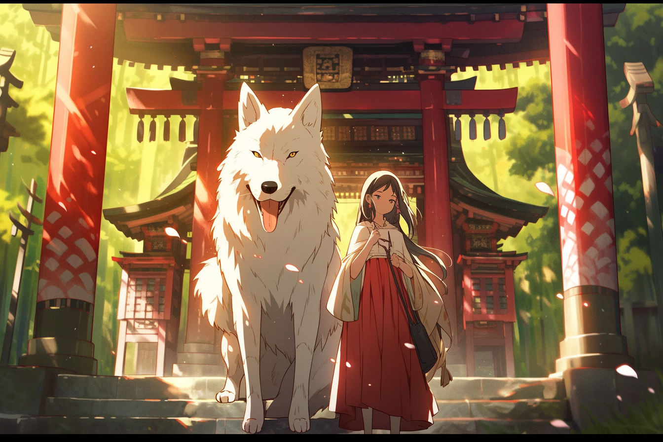 A girl in traditional japanese clothing, with white wolf beside her, standing in front of a a magical torri shrine, by Studio Ghibli --ar 3:2 --upanime
