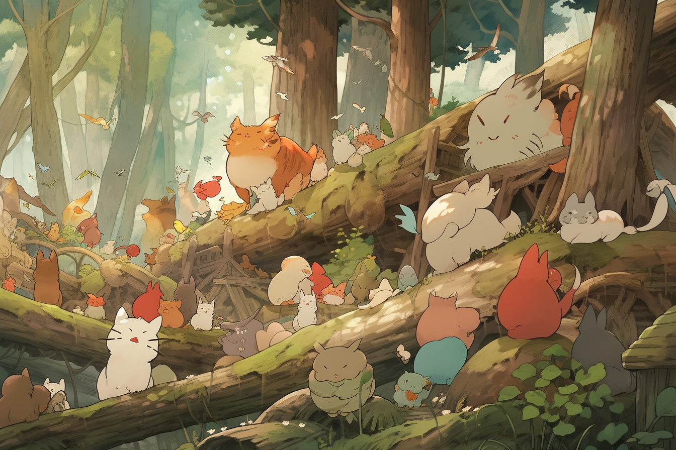A group of animals in the wood, Hayao Miyazaki --ar 3:2 --upanime