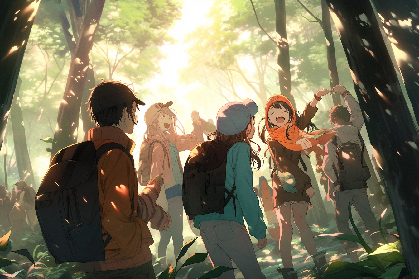 A group of happy students taking an adventure in the woods, beautiful sun lighting, Eiichiro Oda