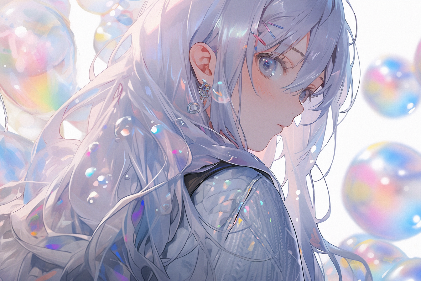 An anime girl, looking at viewer, bubbles, highly detailed, reflective transparent iridescent opaque jacket, long transparent iridescent RGB hair --ar 3:2 --upanime