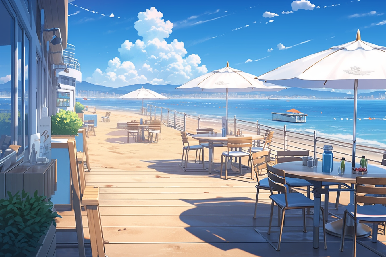 Coffee shop beside the beach, beautiful blue sky and cloud, Makoto Shinkai --ar 3:2 --upanime