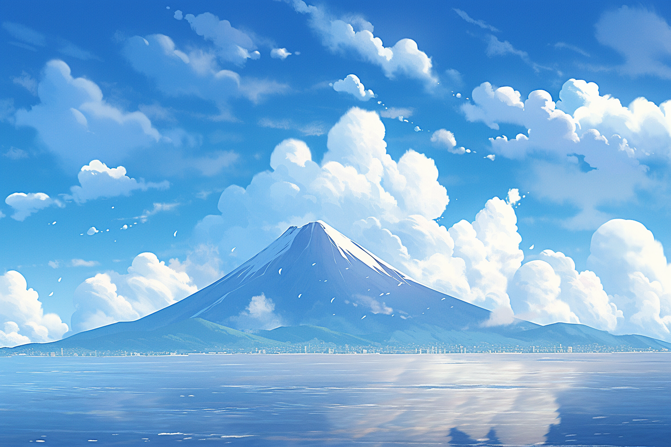 Mountain fuji, beautiful blue sky and cloud, Makoto Shinkai --ar 3:2 --upanime